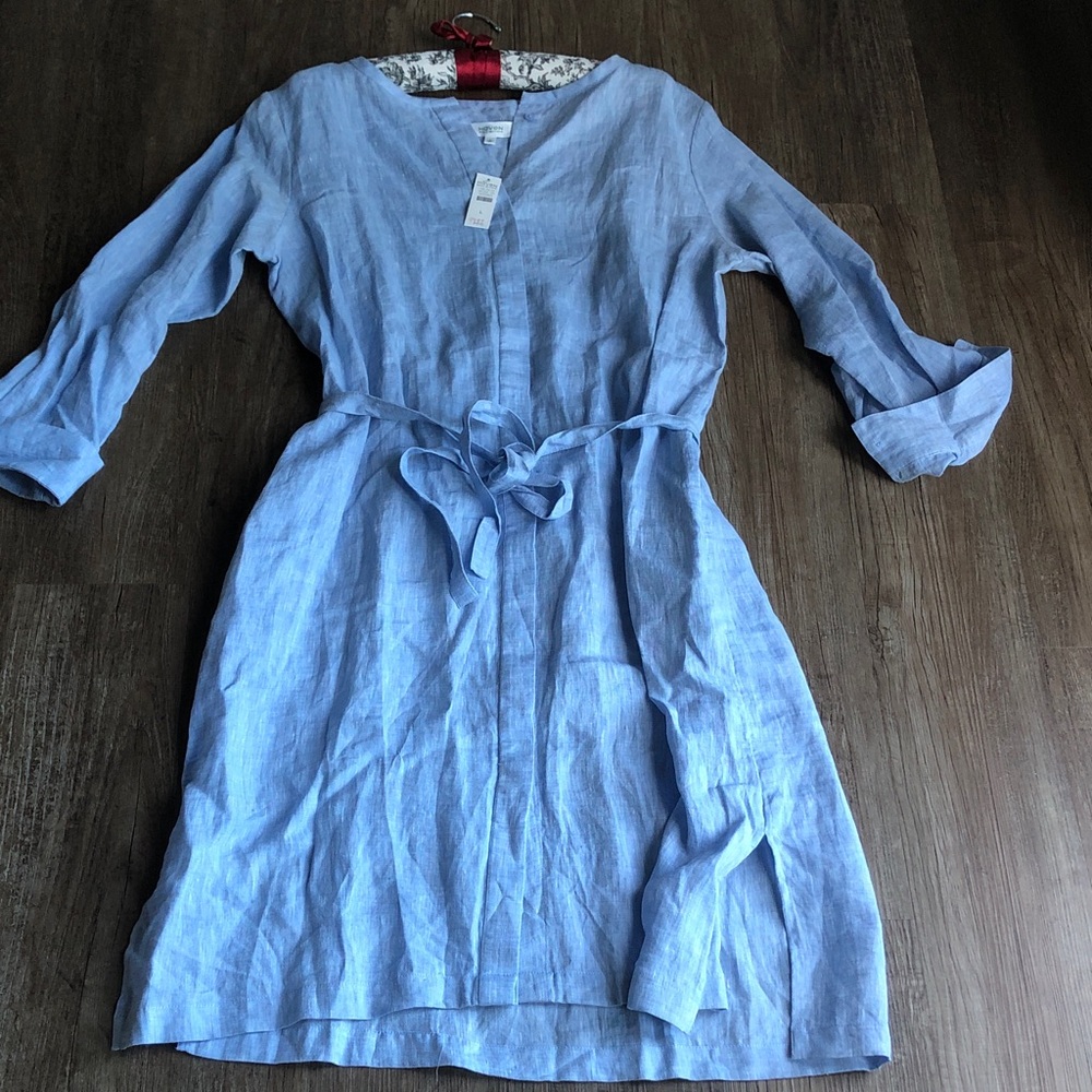 Haven Well Within Linen Belted Shirt Dress in light blue.